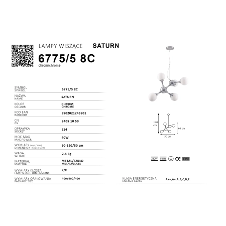 Lampa wisząca chromowana 5-punktowa 6775/5 8C z serii Saturn - Lampy Elem